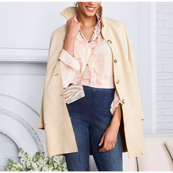 Chico's Zebra Print Ruffle Front Blouse Size Large / 2 Peach Button Up Shirt - Picture 11 of 11